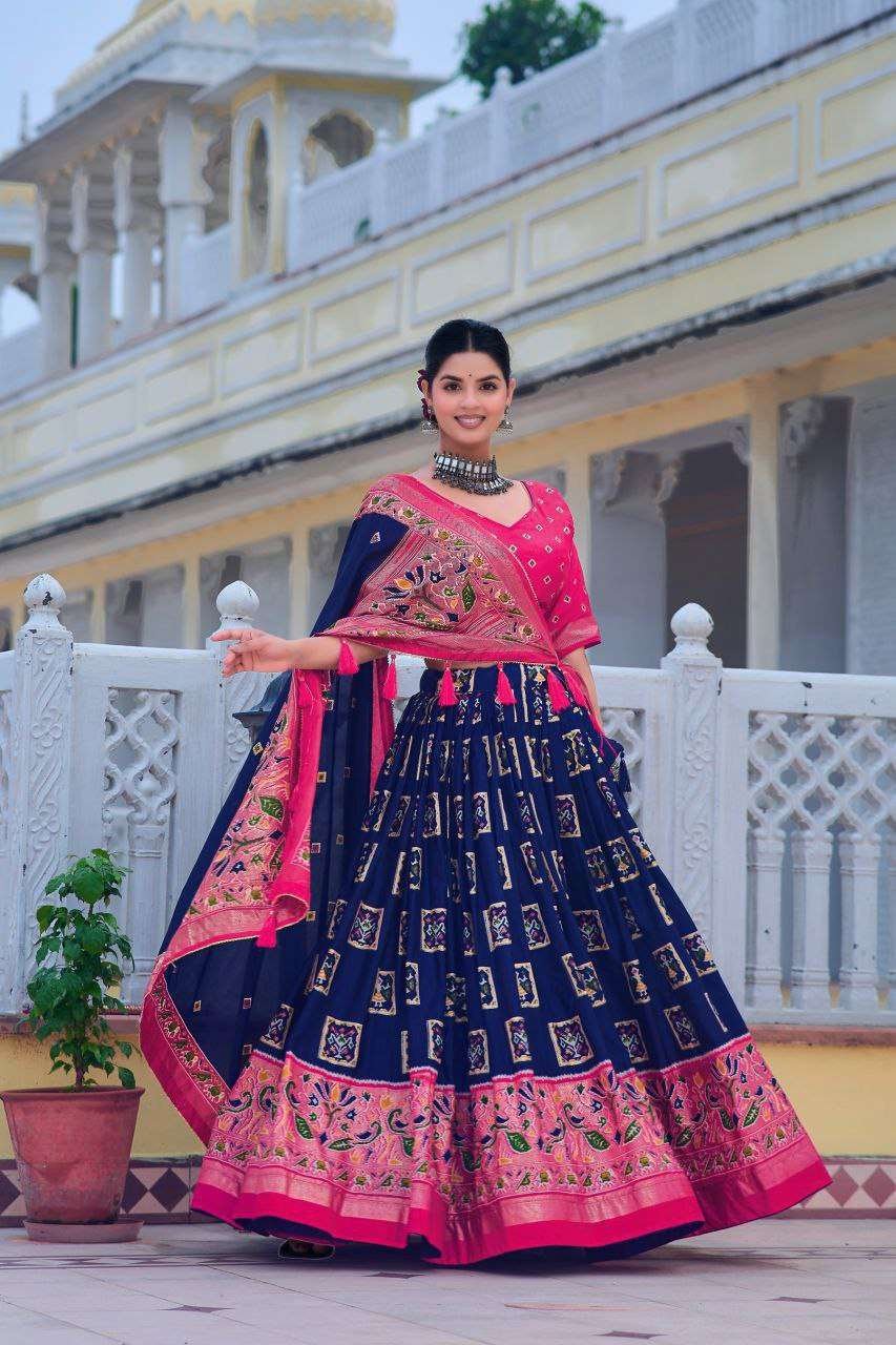 Blue Tussar Silk Lehenga Choli with Pink Blouse | Bandhani Peacock & Foil Print | Wedding & Festive Wear