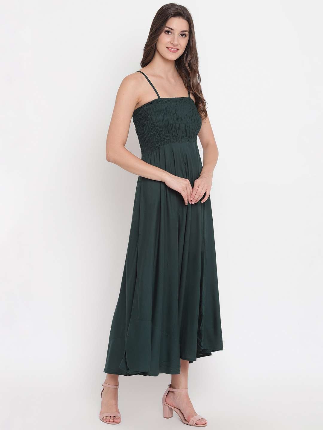 Women's Viscose Rayon Solid Shoulder Straps Sleeveless Flared Gown Drees (Green1) - Image 3