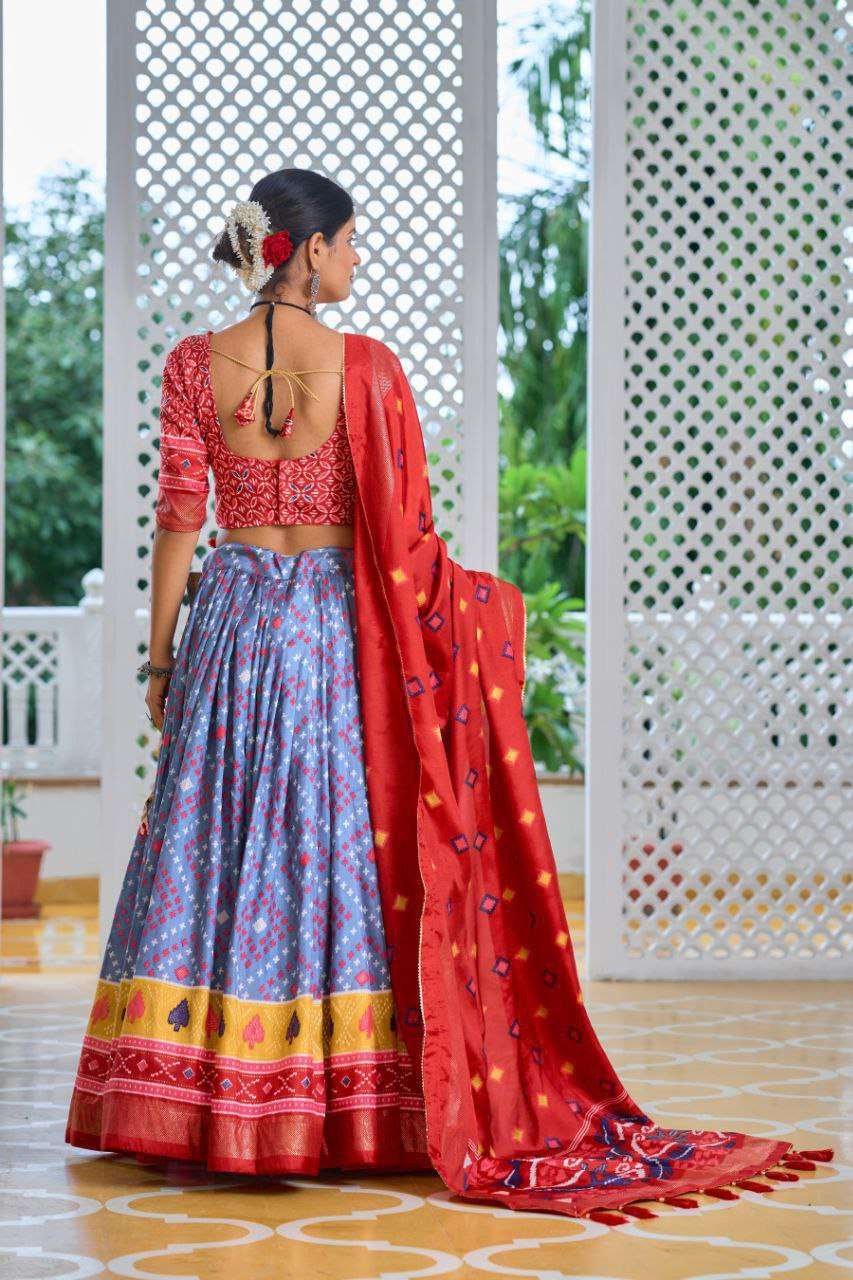 Sky Blue Tussar Silk Lehenga Choli with Red Blouse | Minakari & Foil Print | Wedding & Festive Wear - Image 2