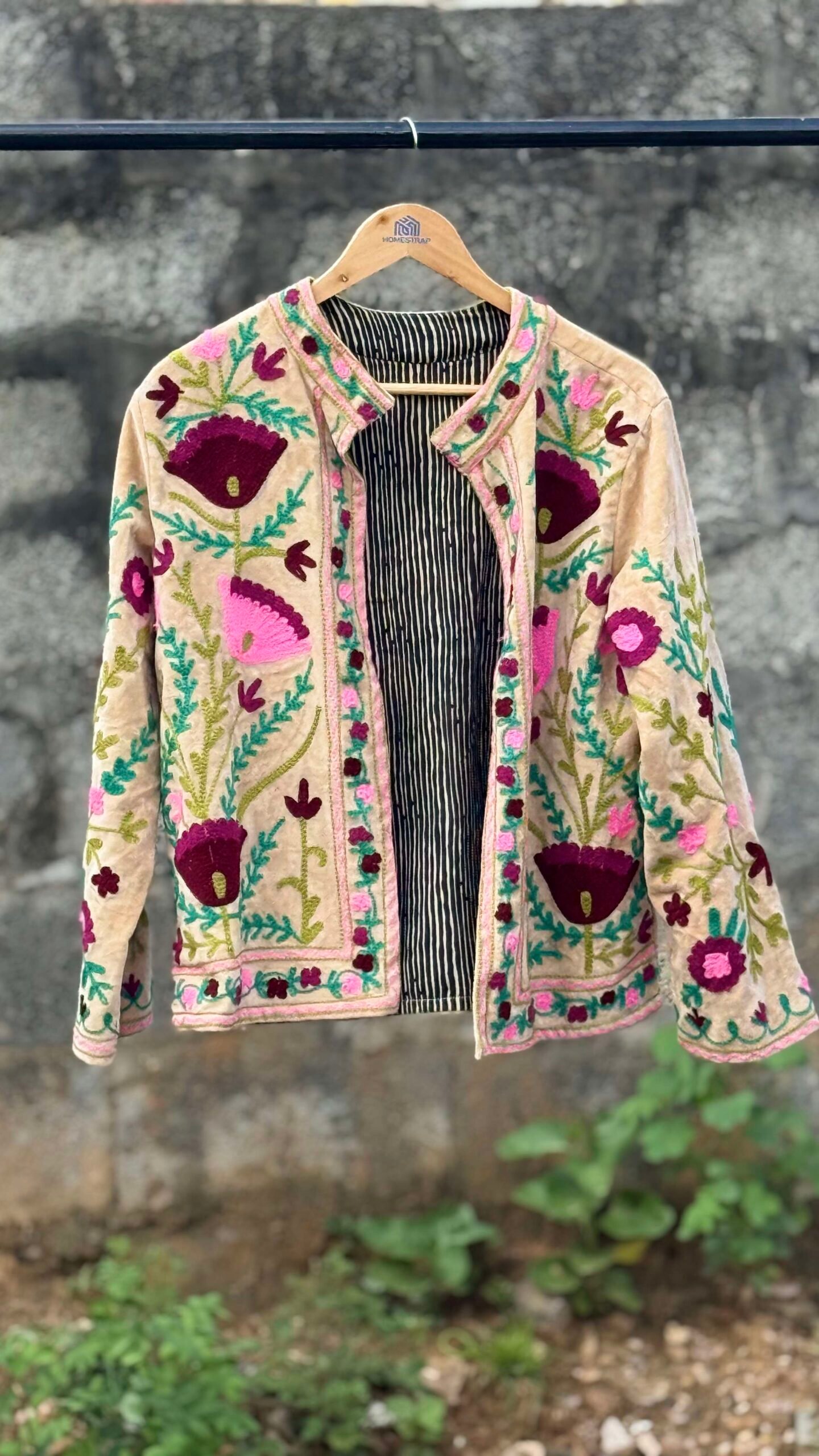 Womens Light Beige Velvet Embroidered Jacket with Floral Design - Image 2