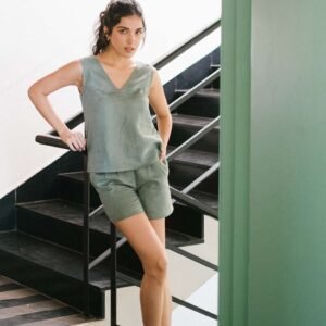 Women's Cotton Solid V Neck Sleevleess 2 Piece Outfit Loose Tank Top and Shot Scult Sets cord set ( Pista Green )