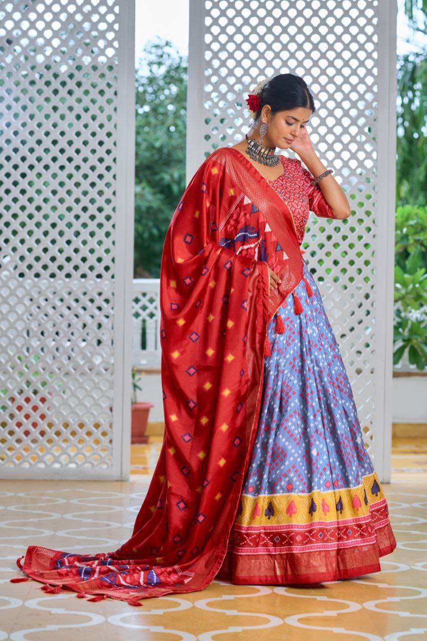 Sky Blue Tussar Silk Lehenga Choli with Red Blouse | Minakari & Foil Print | Wedding & Festive Wear - Image 5