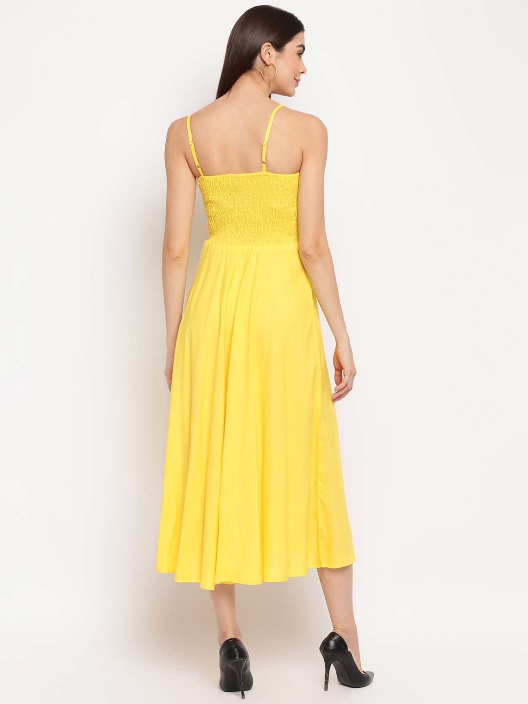 Women's Viscose Rayon Solid Shoulder Straps Sleeveless Flared Gown Drees (Yellow) - Image 3