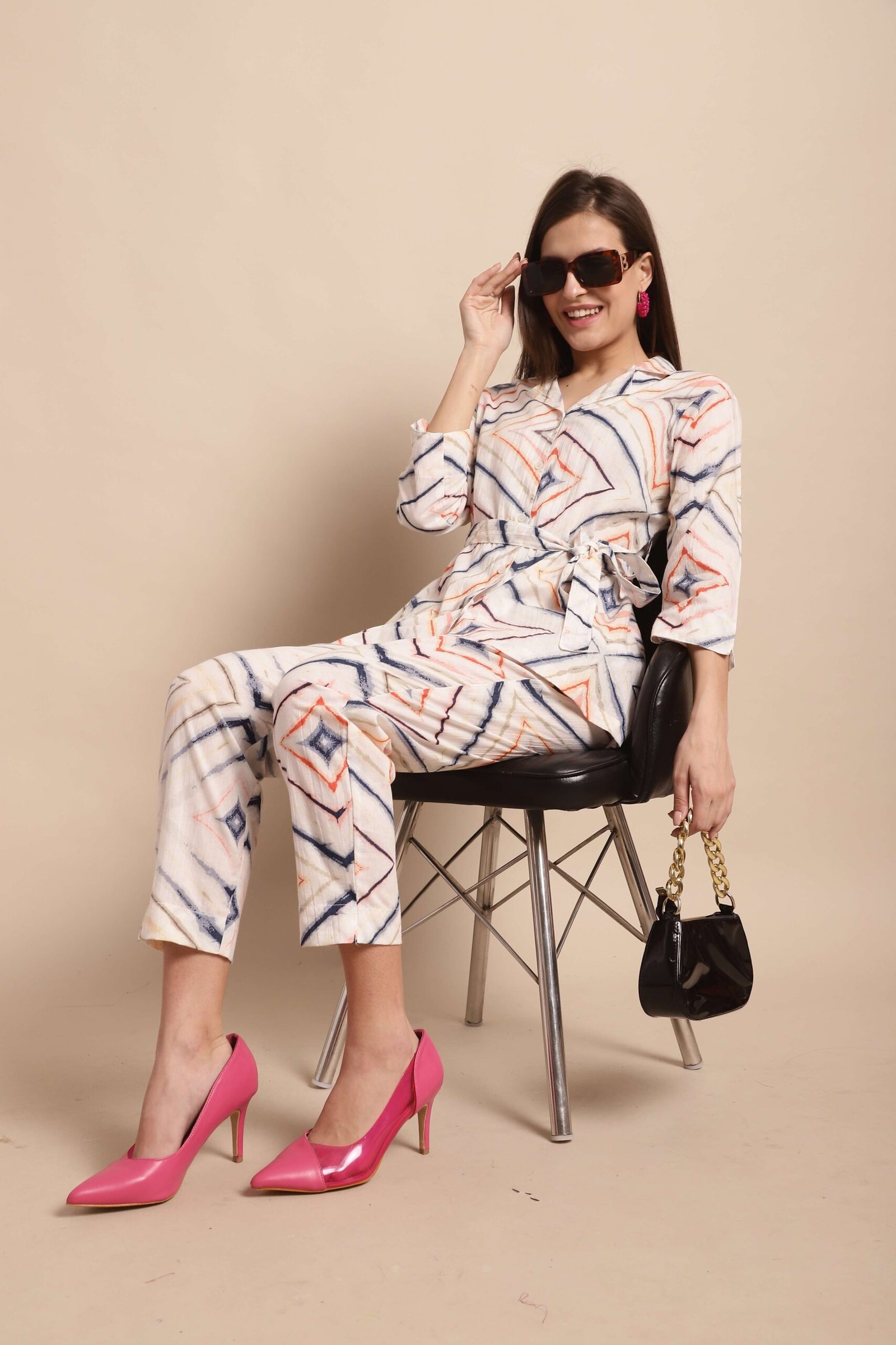 Women's Pure Cotton Printed Collared Top and Pant Co-ord Set (White) - Image 6