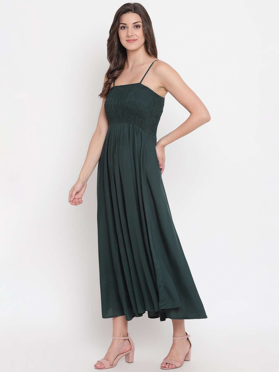 Women's Viscose Rayon Solid Shoulder Straps Sleeveless Flared Gown Drees (Green1) - Image 2