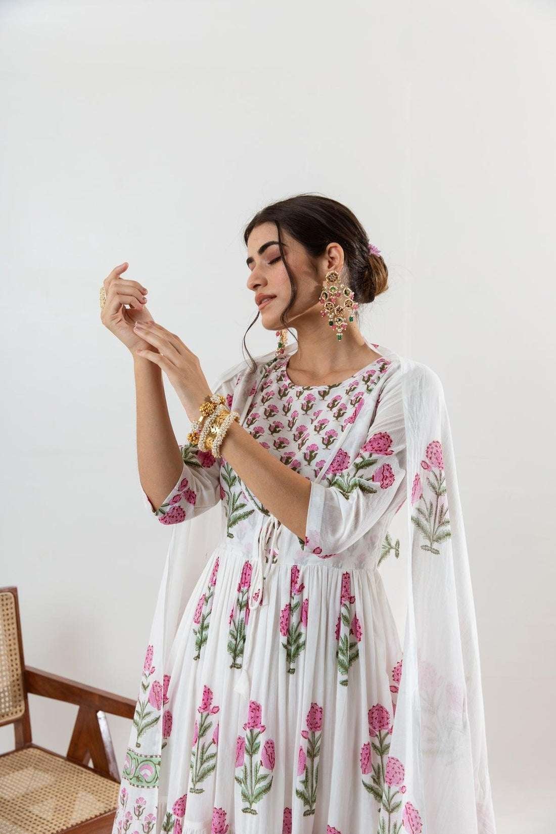 Women's Cotton Floral Printed Long Anarkali Kurti with Pant and Dupatta - Image 2