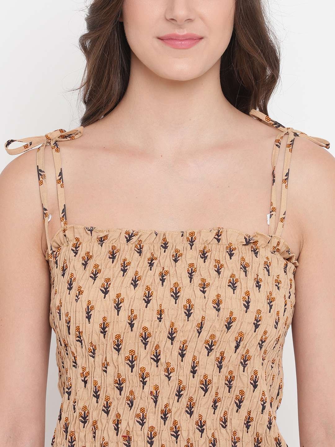 Women's Rayon Elephant Print Casual Summer Style Tie Shoulder Straps Free Size Tank Top ( Brown Beige) - Image 4