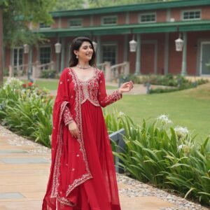 Red Faux Blooming Sequins & Zari Embroidered Gown with Matching Dupatta