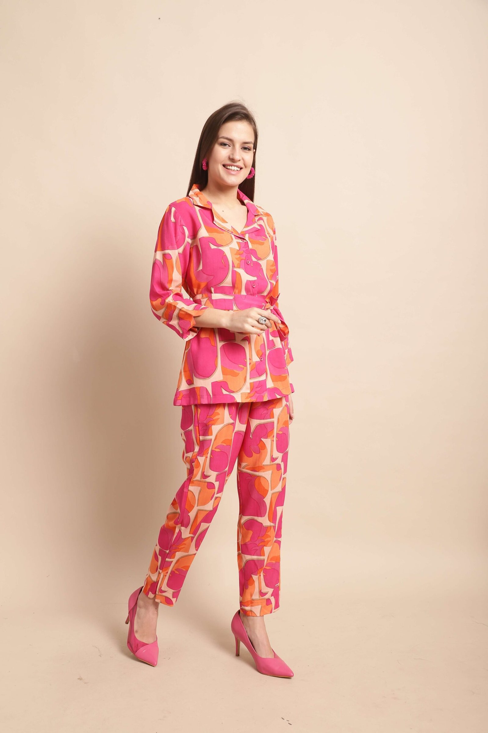 Women's Pure Cotton Printed Collared Top and Pant Co-ord Set (Pink) - Image 5