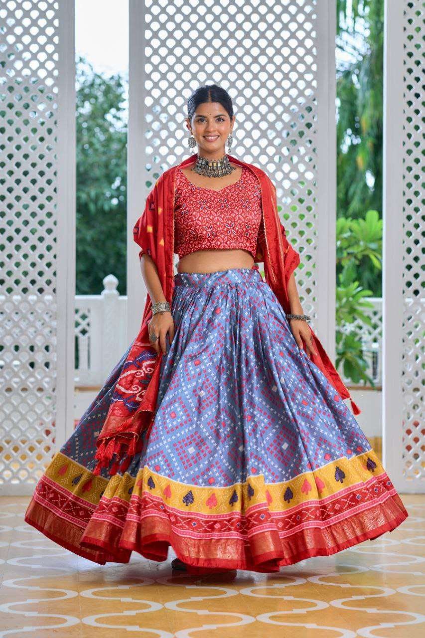Sky Blue Tussar Silk Lehenga Choli with Red Blouse | Minakari & Foil Print | Wedding & Festive Wear - Image 3