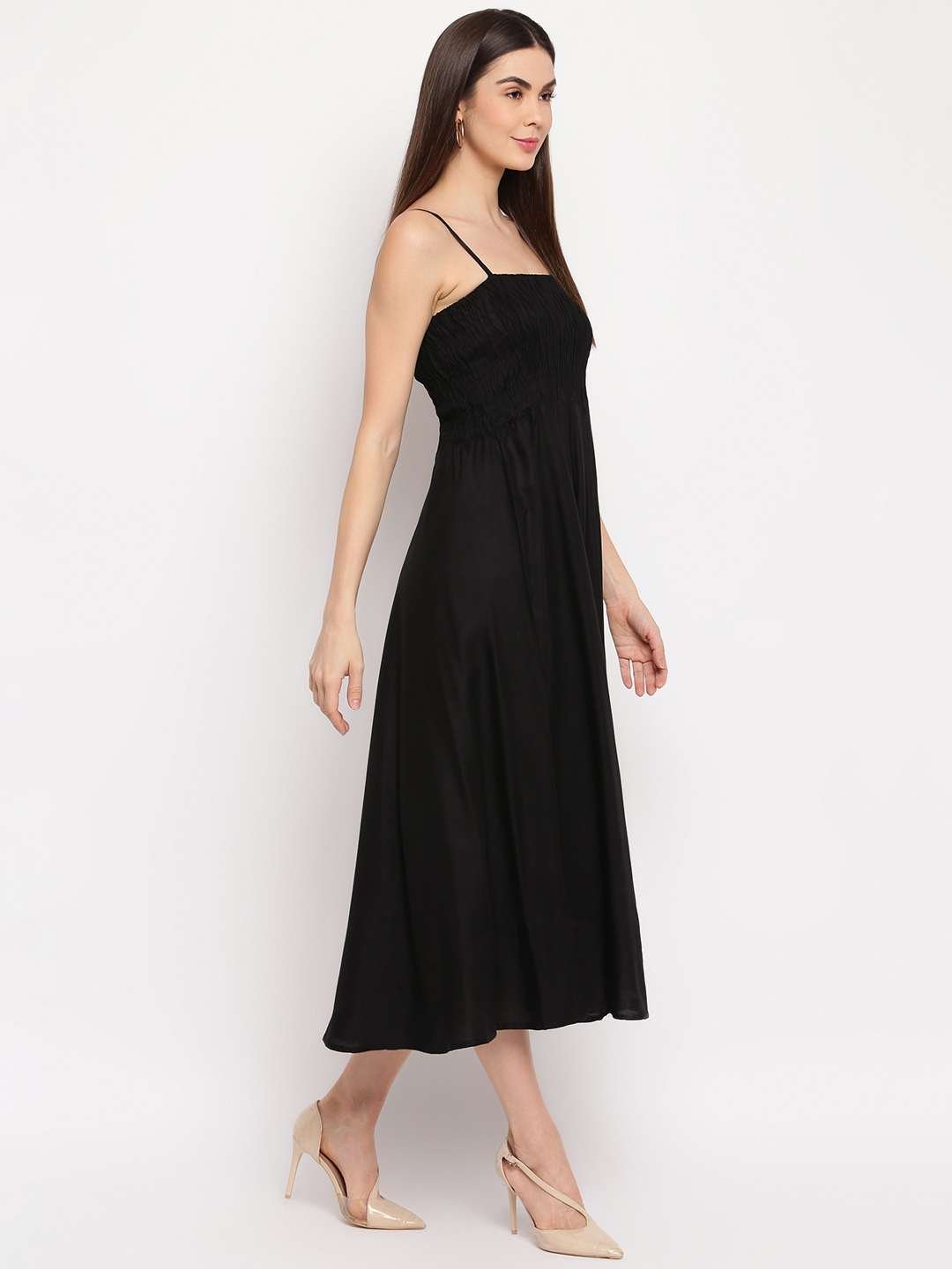 Women's Viscose Rayon Solid Shoulder Straps Sleeveless Flared Gown Drees (Black)