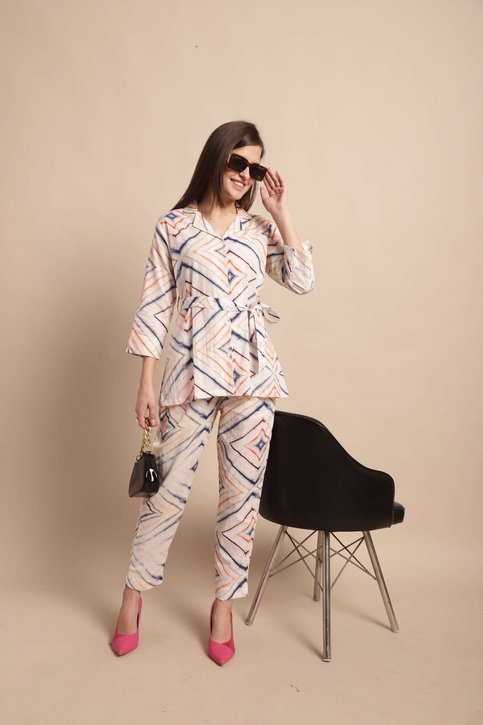 Women's Pure Cotton Printed Collared Top and Pant Co-ord Set (White) - Image 5