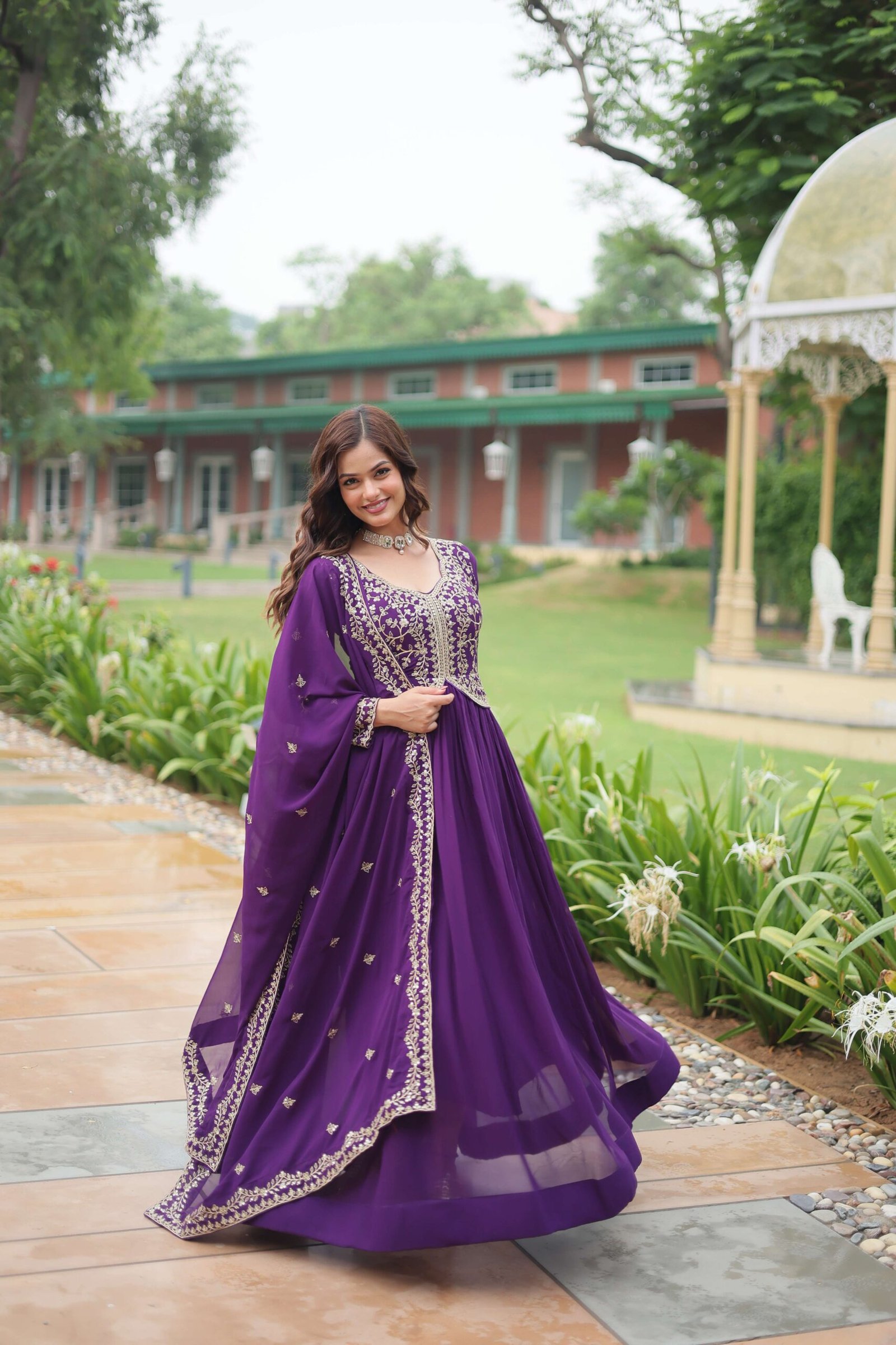 Purple Faux Blooming Sequins & Zari Embroidered Gown with Matching Dupatta - Image 7