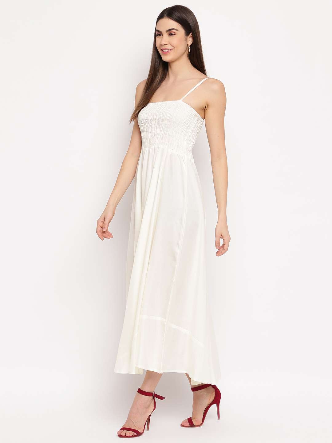 Women's Viscose Rayon Solid Shoulder Straps Sleeveless Flared Gown Drees (Cream) - Image 6