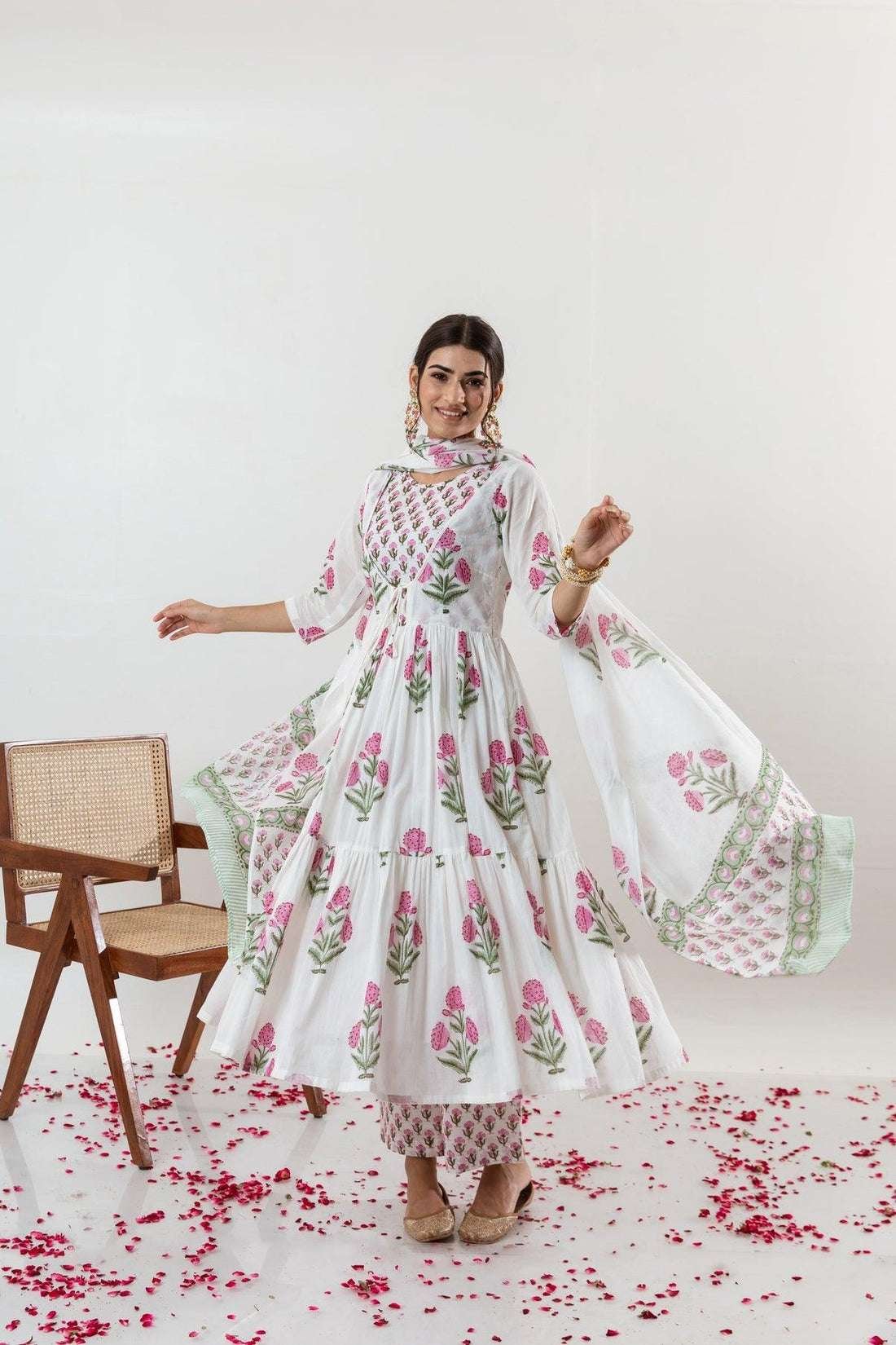 Women's Cotton Floral Printed Long Anarkali Kurti with Pant and Dupatta - Image 4