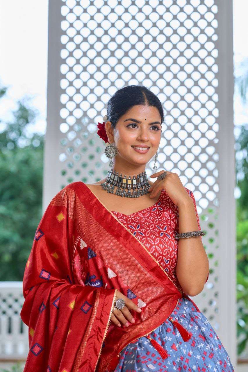 Sky Blue Tussar Silk Lehenga Choli with Red Blouse | Minakari & Foil Print | Wedding & Festive Wear