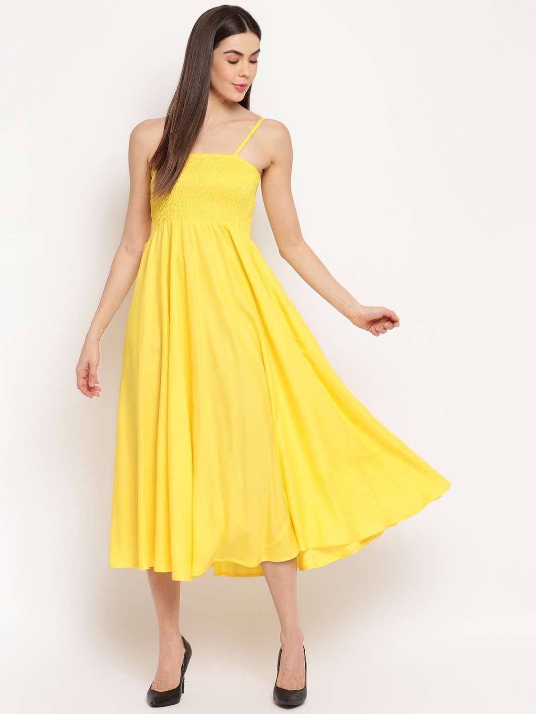 Women's Viscose Rayon Solid Shoulder Straps Sleeveless Flared Gown Drees (Yellow) - Image 5