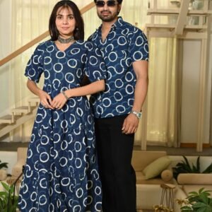 Couple Matching Navy Blue Circular Print Cotton Anarkali Midi Dress and Shirt Set