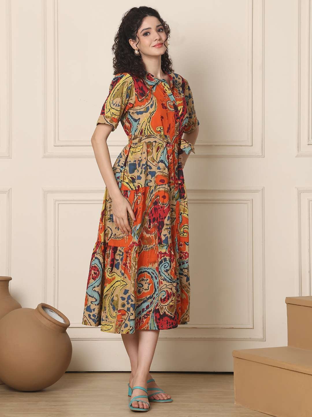 Women's Cotton Printed A-Line Midi Dress | Short Sleeve Flared Gown Dress (Multti Color1) - Image 3
