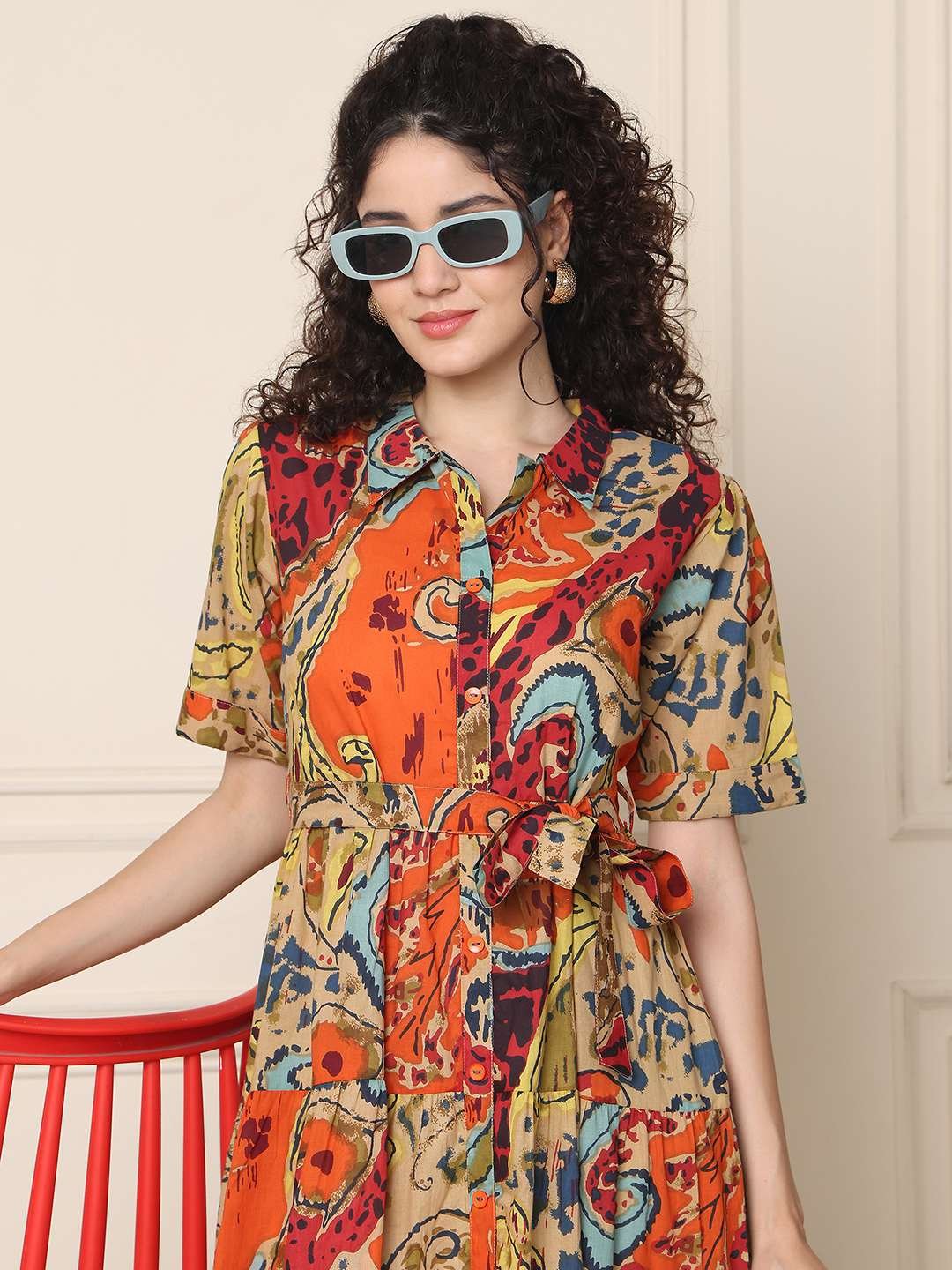 Women's Cotton Printed A-Line Midi Dress | Short Sleeve Flared Gown Dress (Multti Color1) - Image 6