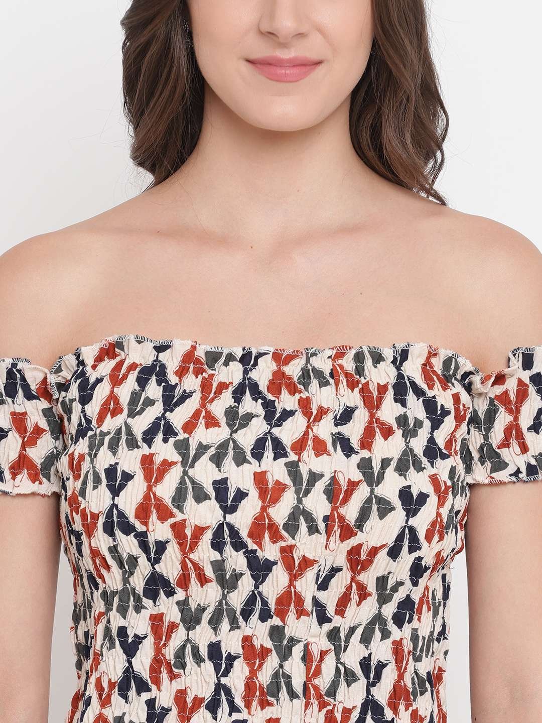 Women's Rayon Printed Off-Shoulder Smocked Crop Top Short Sleeve Casual Styles Tank Top (FREE SIZE) Multi46 - Image 4