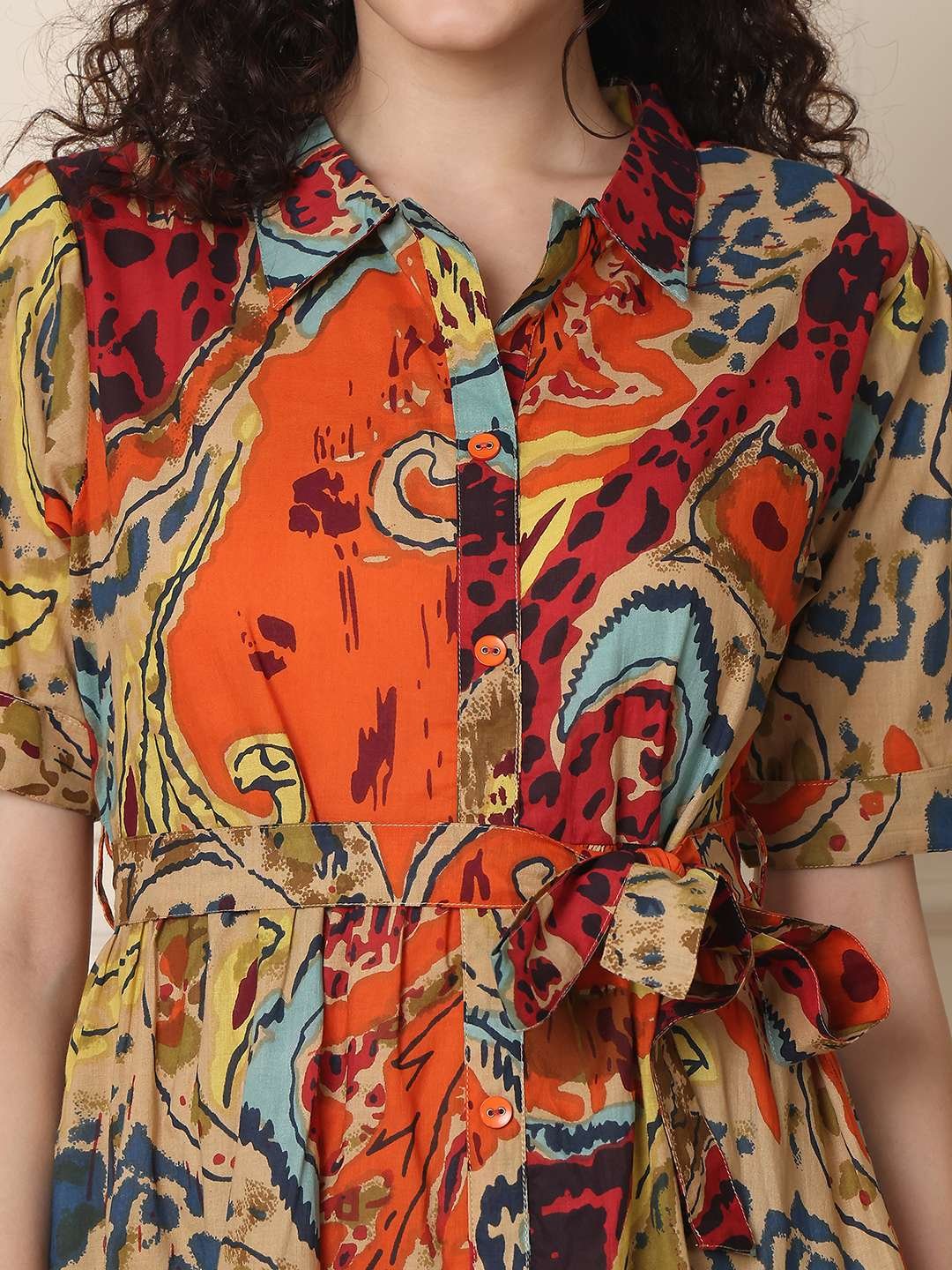 Women's Cotton Printed A-Line Midi Dress | Short Sleeve Flared Gown Dress (Multti Color1) - Image 5