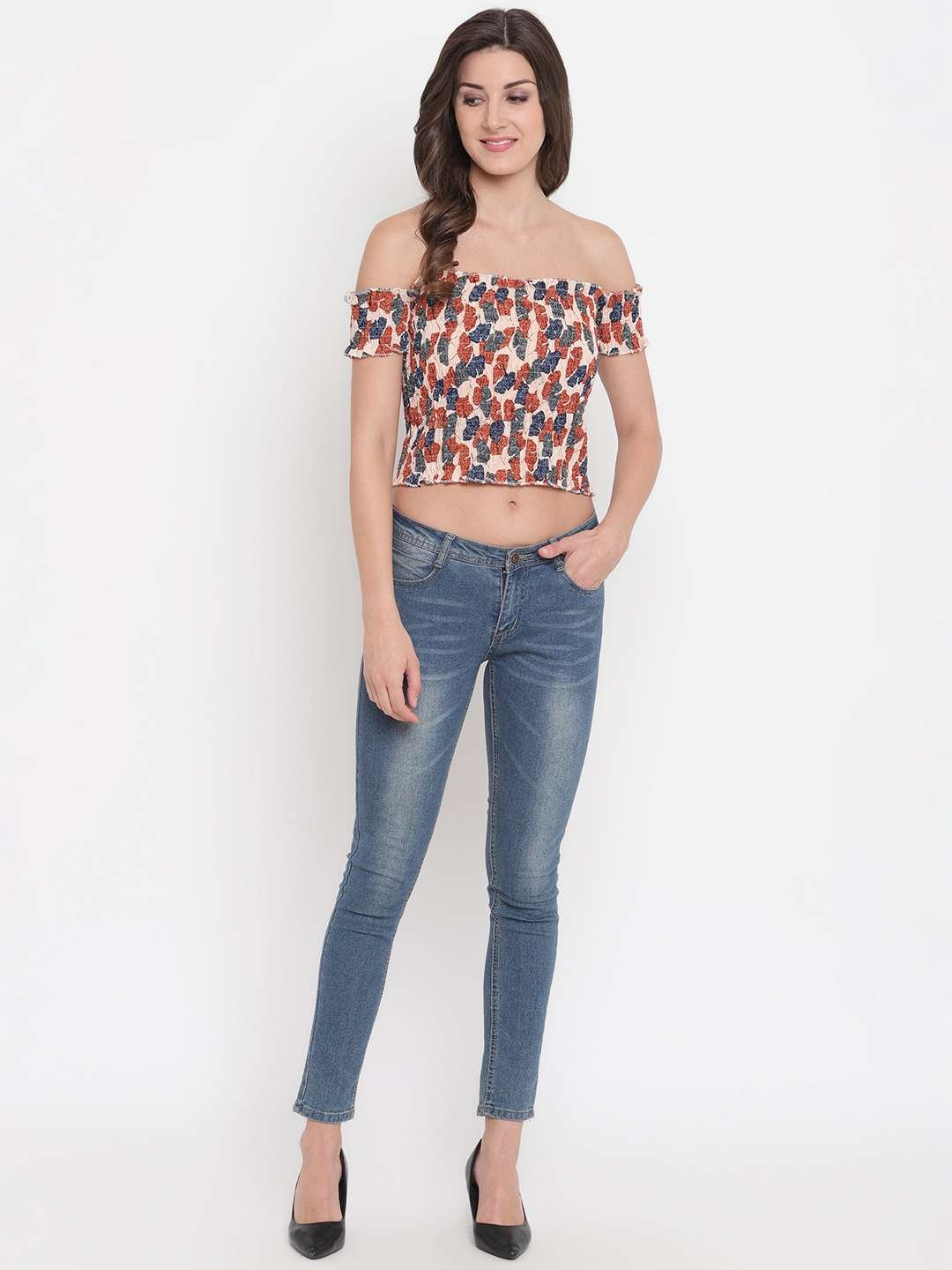 Women's Rayon Printed Off-Shoulder Smocked Crop Top Short Sleeve Casual Styles Tank Top (FREE SIZE) Multi45 - Image 3